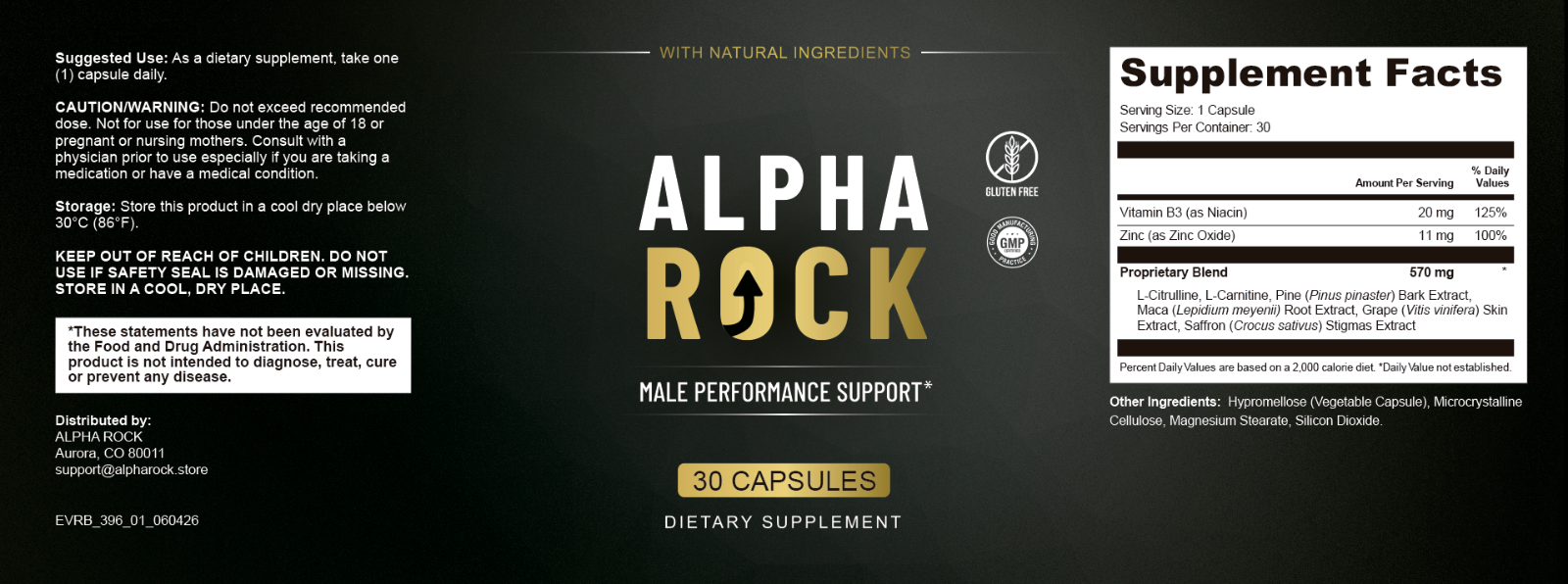 AlphaRock — full product label including ingredients, Supplement Facts and manufacturer information