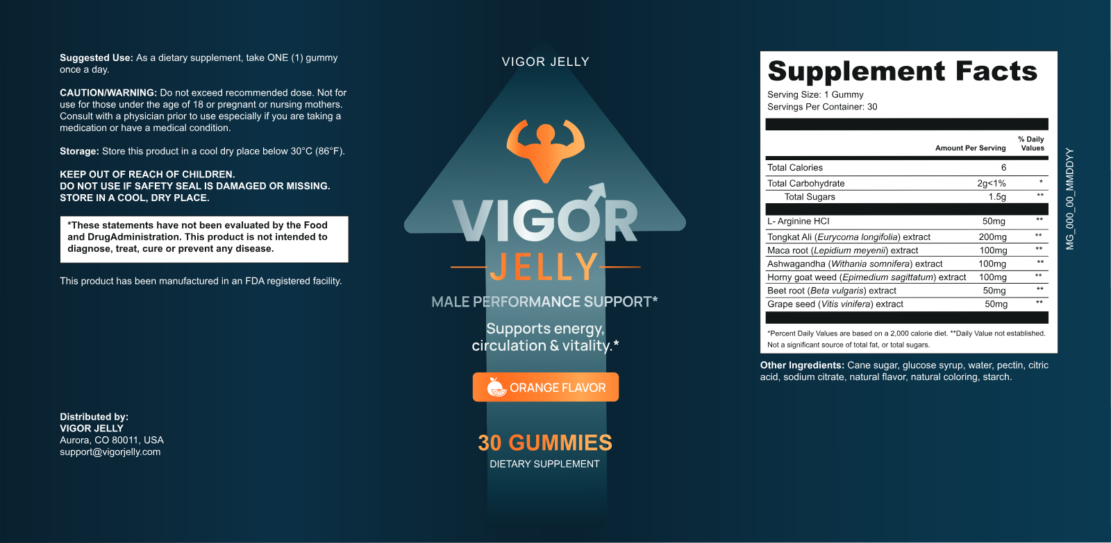 Vigor Jelly — full product label including ingredients, Supplement Facts and manufacturer information